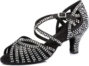 Women's Suede Sole Rhinestone Ballroom Dance Shoes Latin Salsa Glitter Performance Dance Shoes