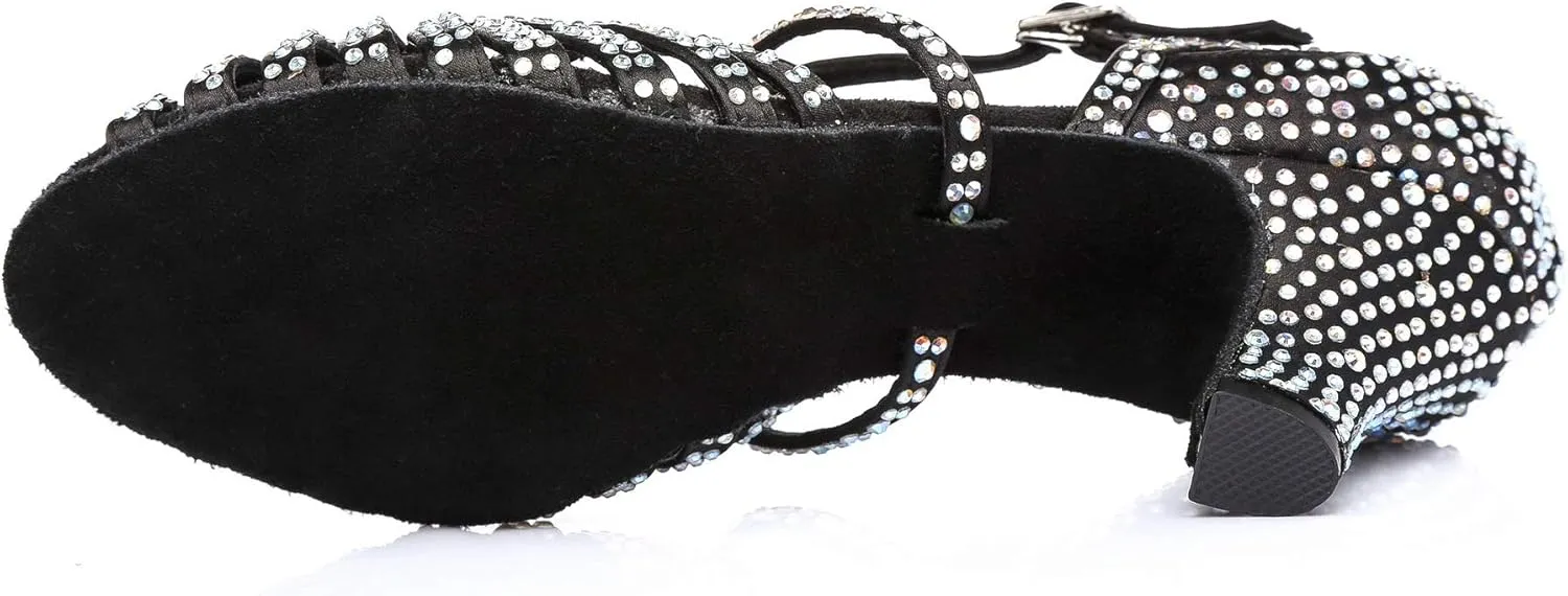 Women's Suede Sole Rhinestone Ballroom Dance Shoes Latin Salsa Glitter Performance Dance Shoes