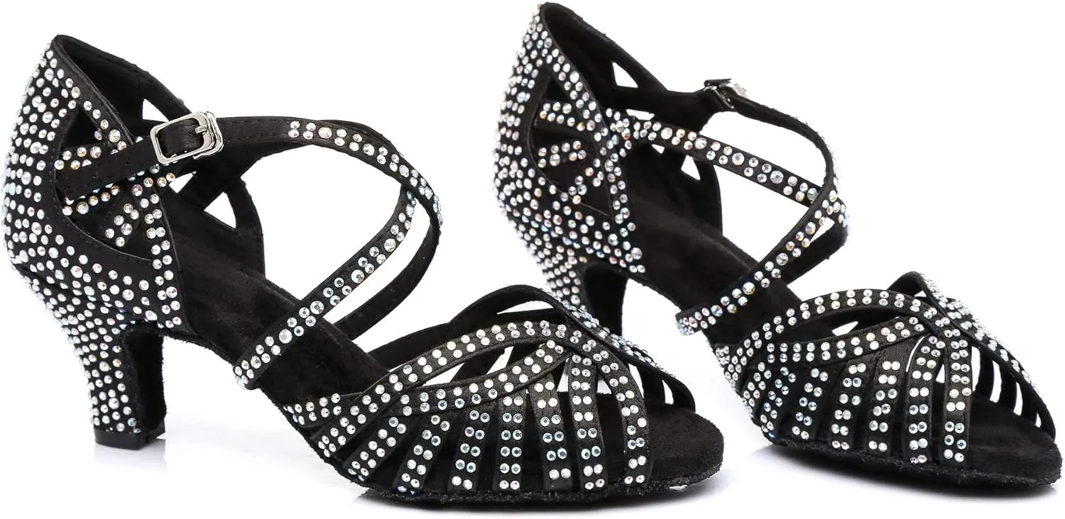 Women's Suede Sole Rhinestone Ballroom Dance Shoes Latin Salsa Glitter Performance Dance Shoes