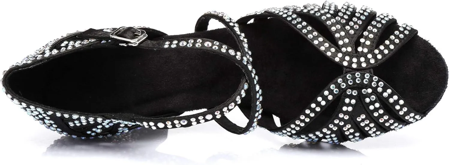 Women's Suede Sole Rhinestone Ballroom Dance Shoes Latin Salsa Glitter Performance Dance Shoes