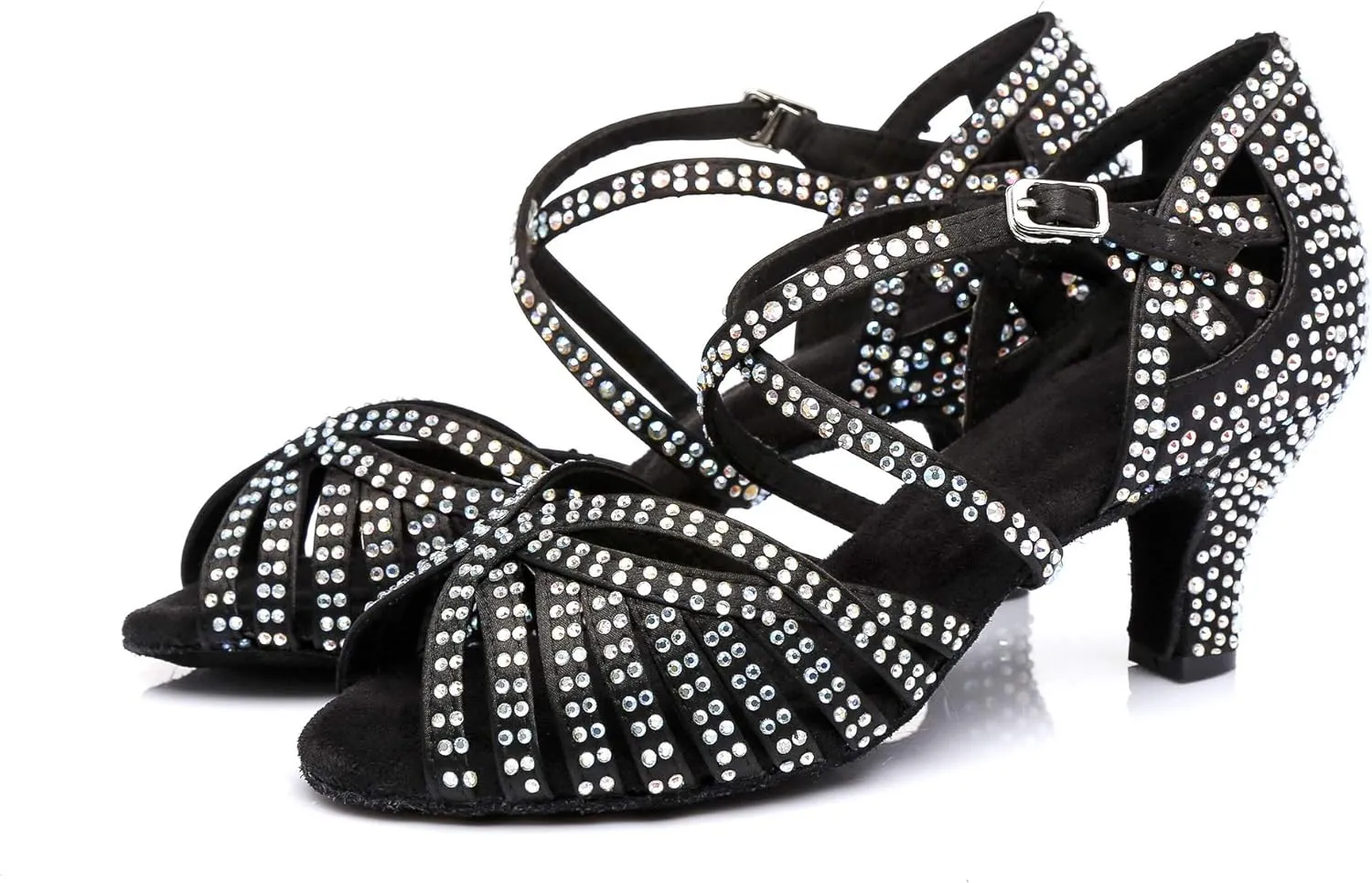 Women's Suede Sole Rhinestone Ballroom Dance Shoes Latin Salsa Glitter Performance Dance Shoes