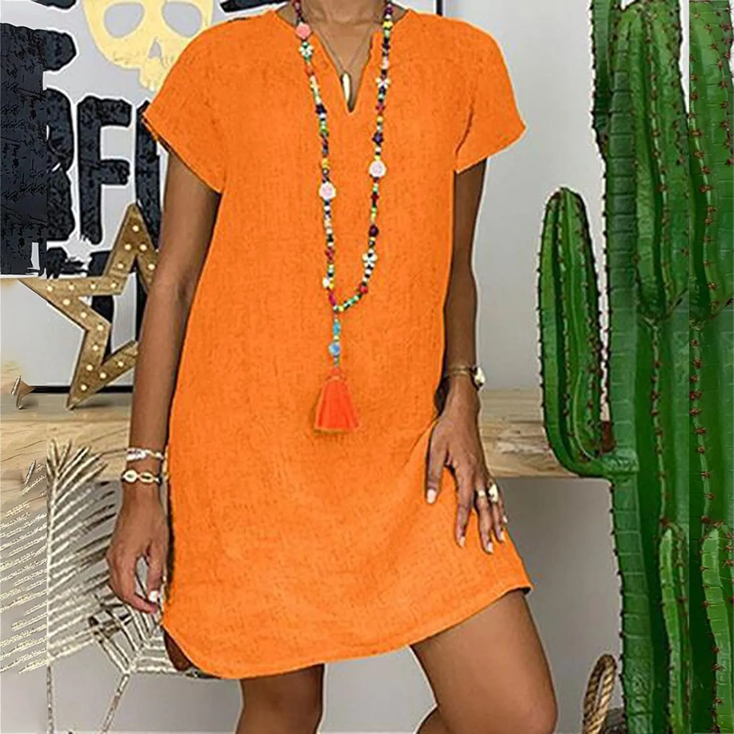 Womens Summer Cotton Linen V Neck Short Dress Short Sleeve Mini Dress Casual Loose Tshirt Dress Plus Size Sundress