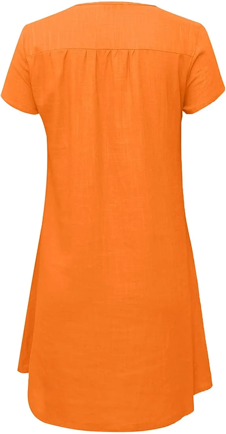 Womens Summer Cotton Linen V Neck Short Dress Short Sleeve Mini Dress Casual Loose Tshirt Dress Plus Size Sundress