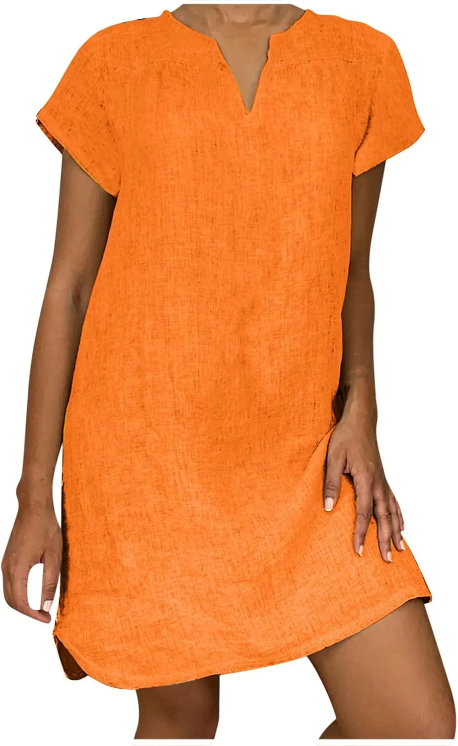 Womens Summer Cotton Linen V Neck Short Dress Short Sleeve Mini Dress Casual Loose Tshirt Dress Plus Size Sundress