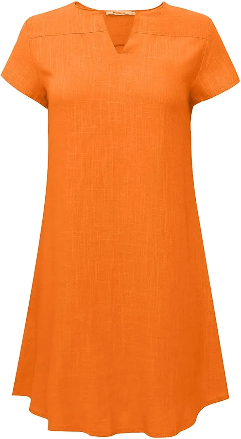 Womens Summer Cotton Linen V Neck Short Dress Short Sleeve Mini Dress Casual Loose Tshirt Dress Plus Size Sundress