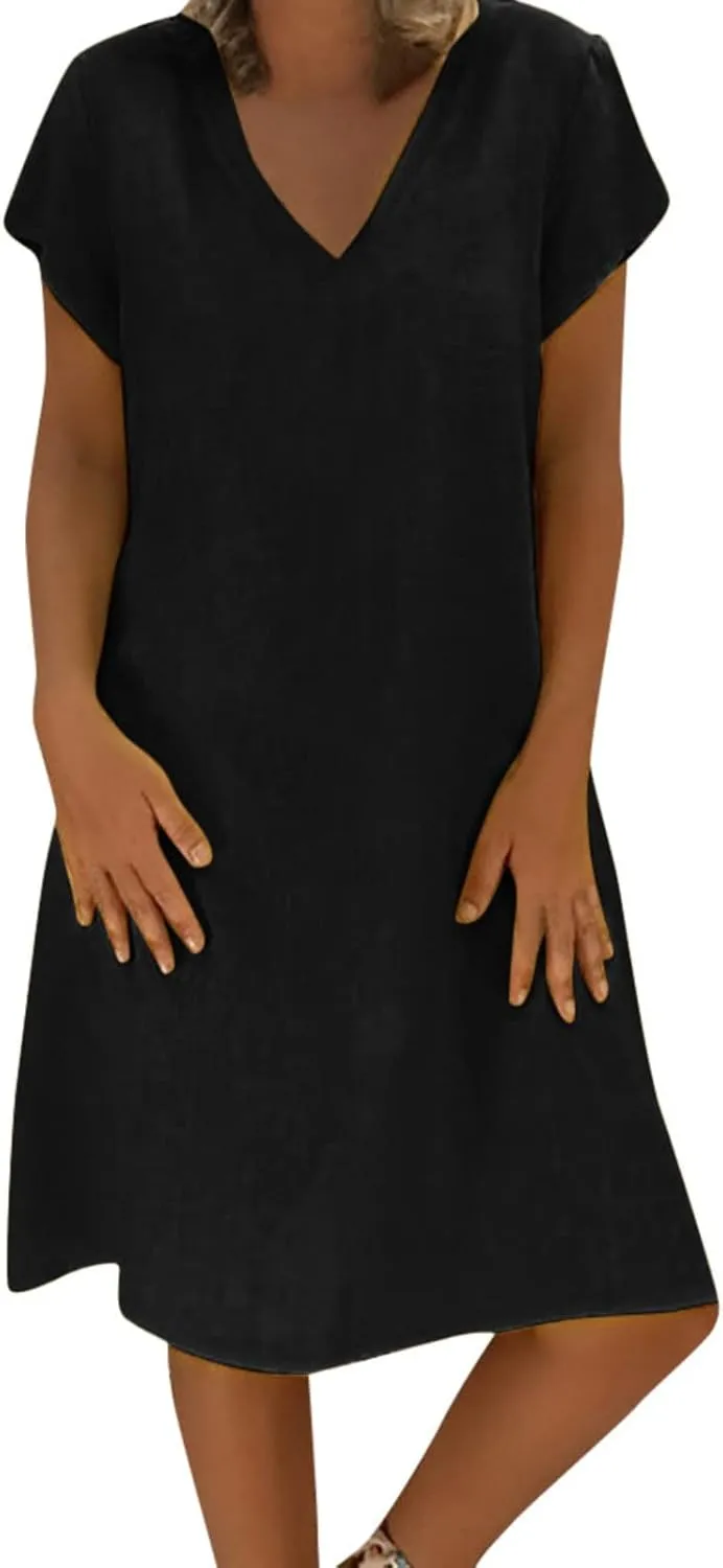 Women's Summer Dresses Knee Length Midi Sundress Cotton Linen Plus Size Shirt Dress Short Sleeve Tunic Shift Dress