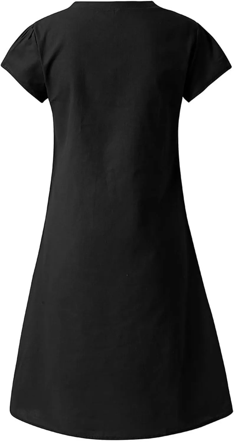 Women's Summer Dresses Knee Length Midi Sundress Cotton Linen Plus Size Shirt Dress Short Sleeve Tunic Shift Dress