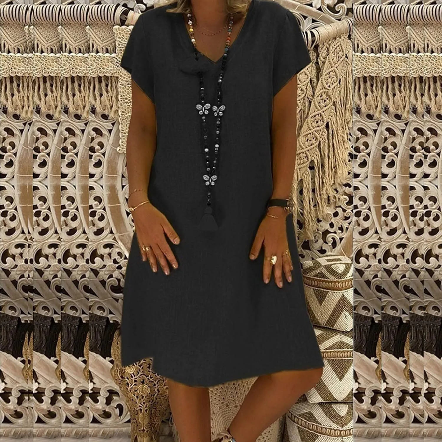 Women's Summer Dresses Knee Length Midi Sundress Cotton Linen Plus Size Shirt Dress Short Sleeve Tunic Shift Dress