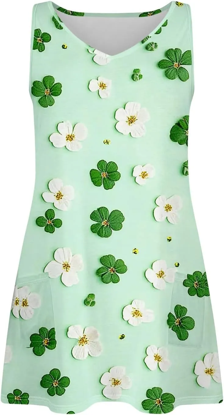 Women's Summer Dresses Summer Casual V Neck Sundresses Boho Tank Dress Beach Vacation Clothes with Pockets