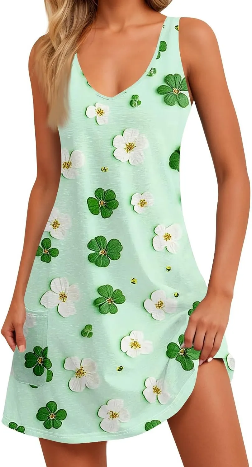 Women's Summer Dresses Summer Casual V Neck Sundresses Boho Tank Dress Beach Vacation Clothes with Pockets