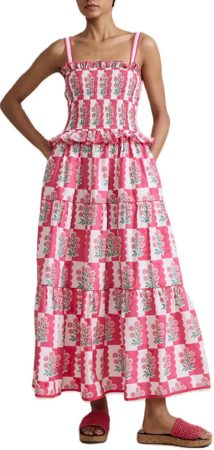 Womens Summer Flowy Smocked Beach Dresses Y2K Floral Contrast Color Boho Shoulder Tie Shirred Maxi Dress Sundresses