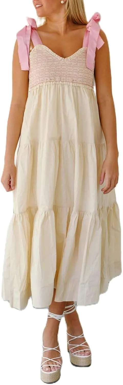 Womens Summer Flowy Smocked Beach Dresses Y2K Floral Contrast Color Boho Shoulder Tie Shirred Maxi Dress Sundresses