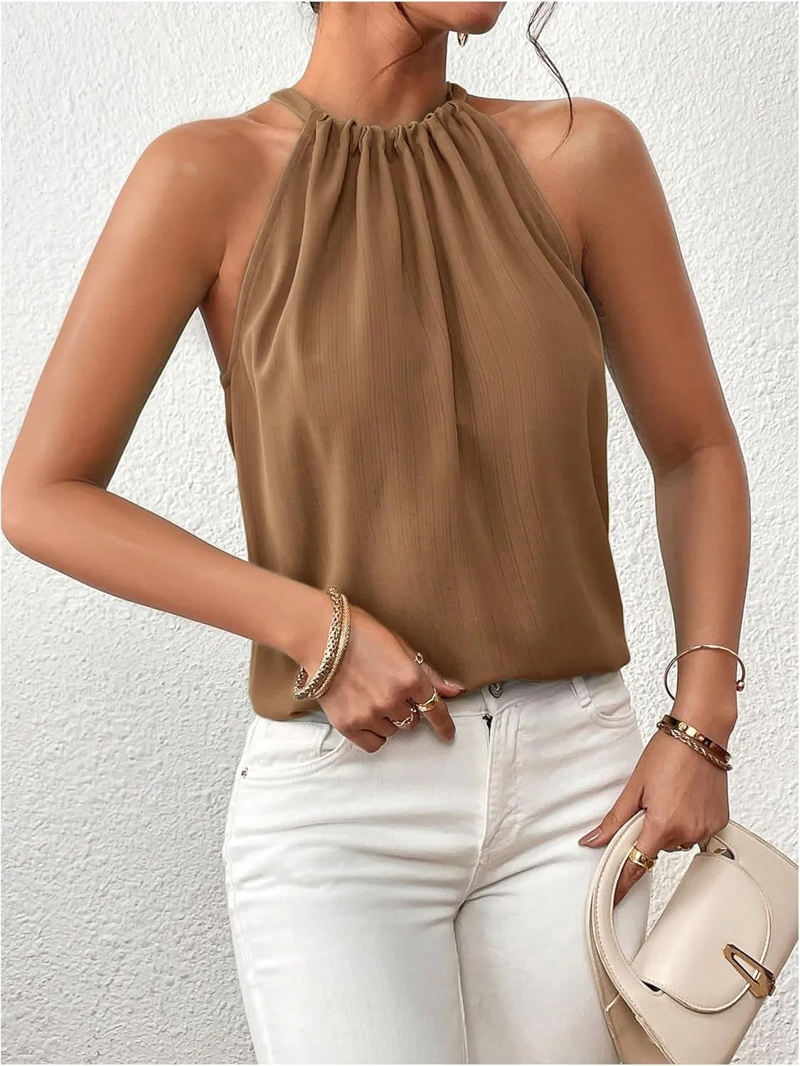 Women's Summer Halter Tops Tie Back Sleeveless Work Shirts Blouses for Women Casual Dressy