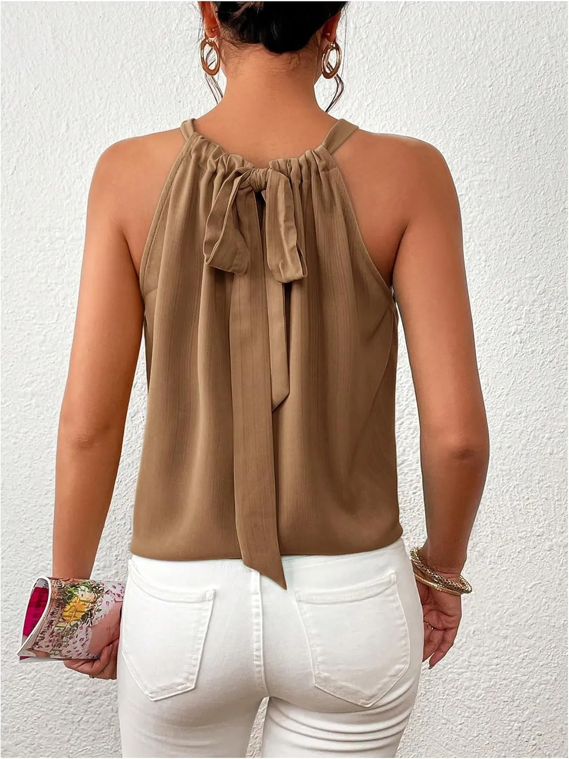 Women's Summer Halter Tops Tie Back Sleeveless Work Shirts Blouses for Women Casual Dressy