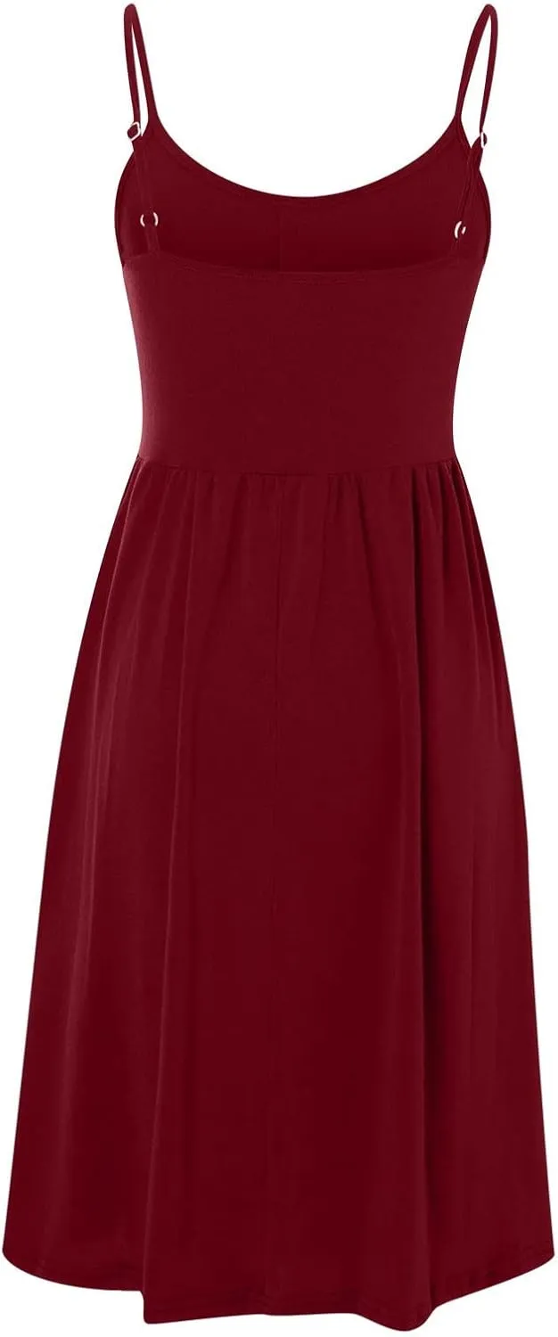 Women's Summer Midi Dress Casual Spaghetti Strap Swing A Line Dress Button up Sundress Pleated V Neck Slip Dress