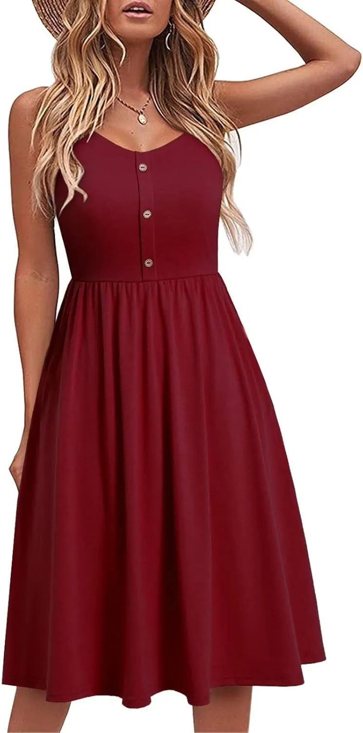 Women's Summer Midi Dress Casual Spaghetti Strap Swing A Line Dress Button up Sundress Pleated V Neck Slip Dress