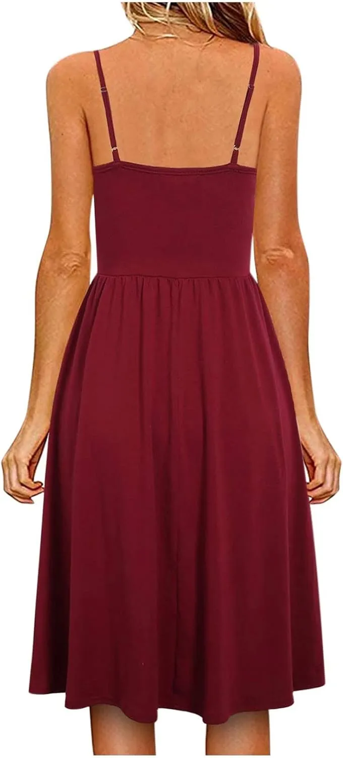 Women's Summer Midi Dress Casual Spaghetti Strap Swing A Line Dress Button up Sundress Pleated V Neck Slip Dress