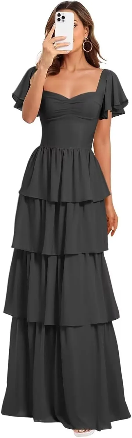 Women's Tiered Bridesmaid Dresses with Sleeves Chiffon Ruffles Prom Dress for Teens Sweetheart A-Line Formal Party Gowns