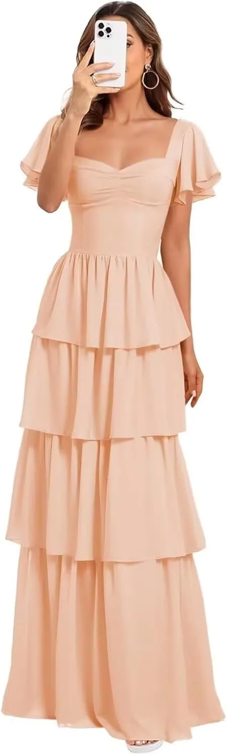 Women's Tiered Bridesmaid Dresses with Sleeves Chiffon Ruffles Prom Dress for Teens Sweetheart A-Line Formal Party Gowns