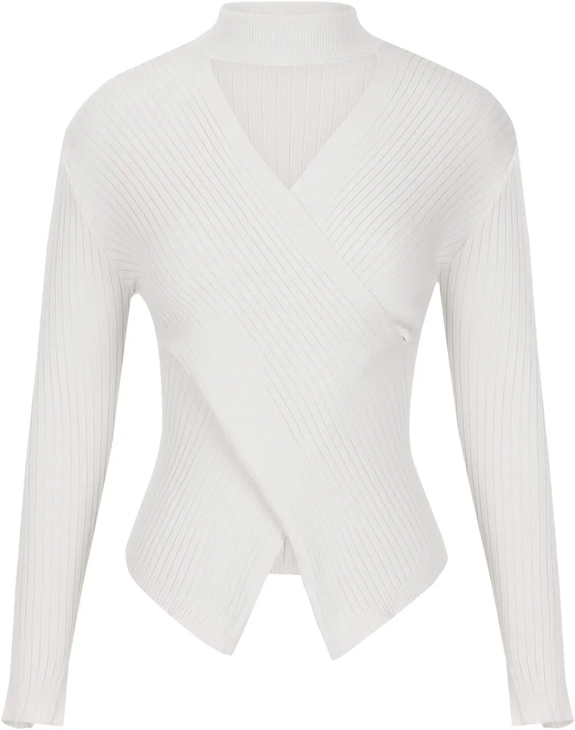 Womens V Neck Wrap Sweaters Halter Criss Cross Long Sleeve Knitted Tops Slim Fitted Solid Color Choker Blouse