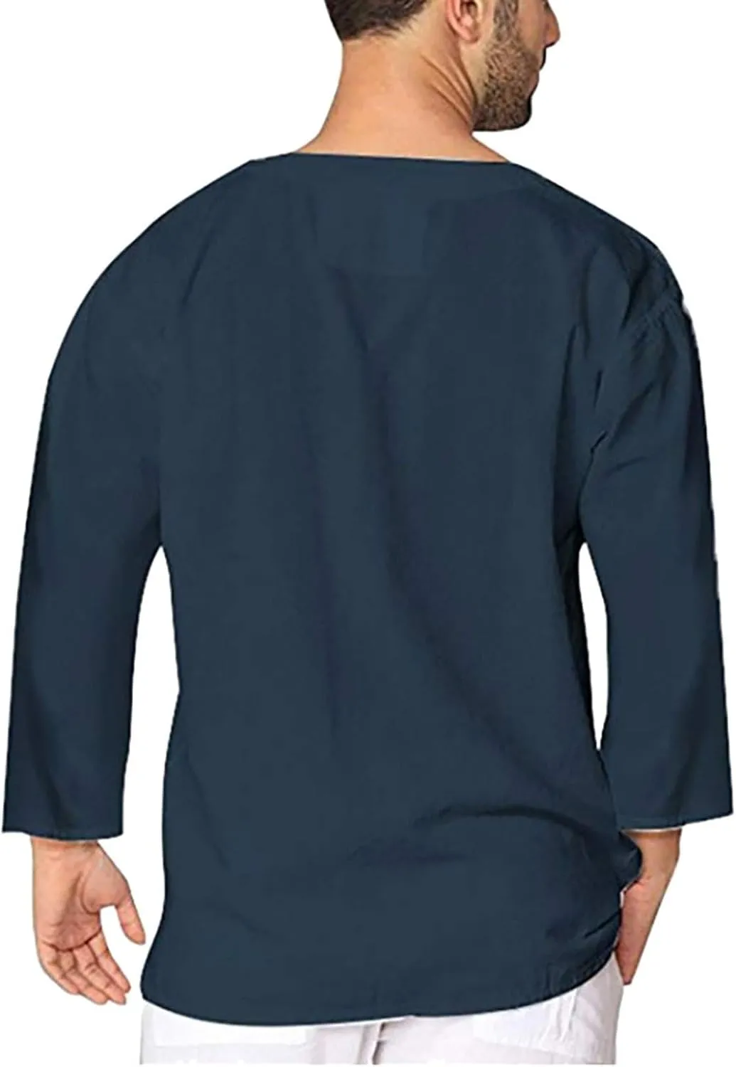 WUAI Men's Cotton Linen Henley Shirts V Neck Long Sleeve Loose Fit Summer Beach Hippie Yoga Tops
