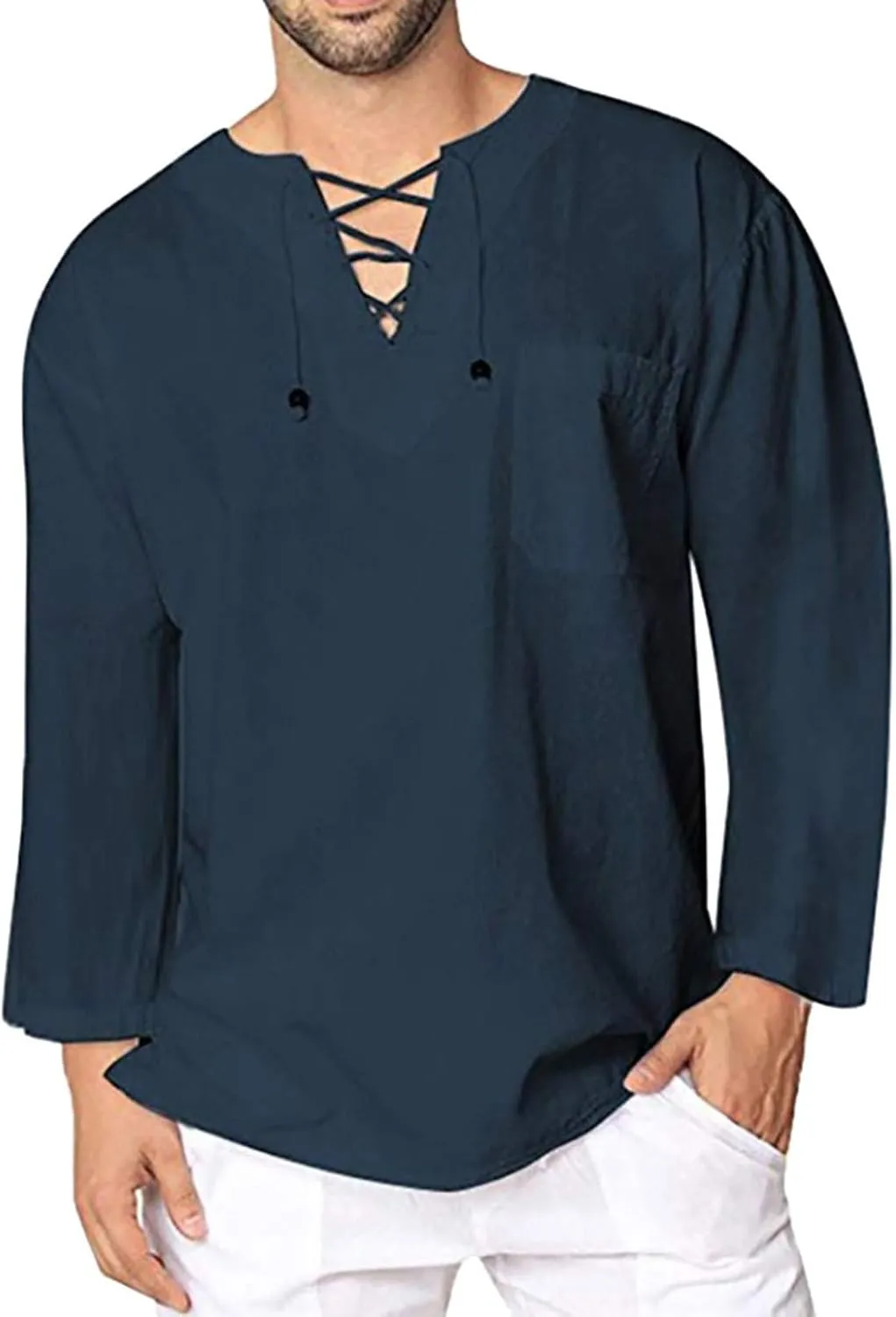 WUAI Men's Cotton Linen Henley Shirts V Neck Long Sleeve Loose Fit Summer Beach Hippie Yoga Tops