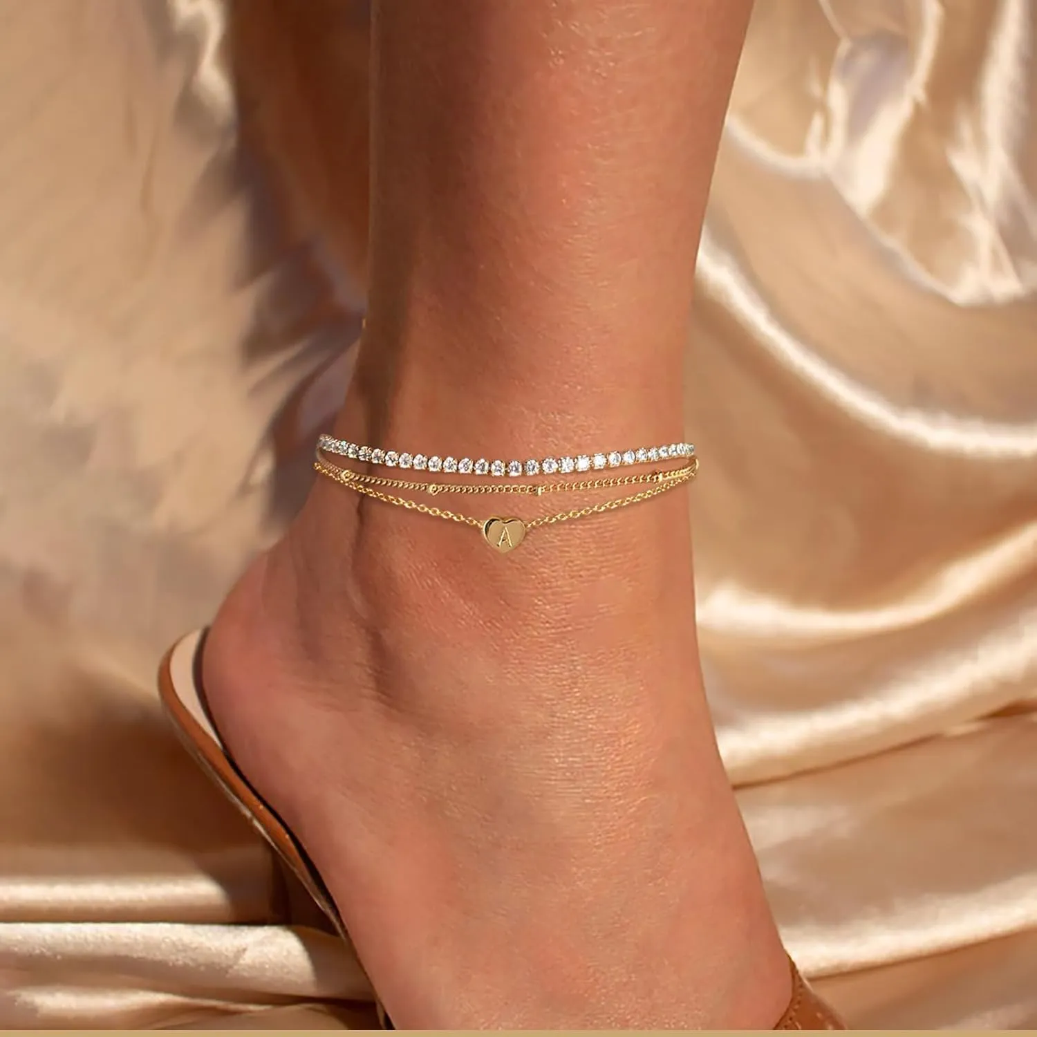 Yanoda Initial Ankle Bracelets for Women, 14K Gold Plated Waterproof Dainty Layered Heart Letter Initial Anklets Personalized Gifts