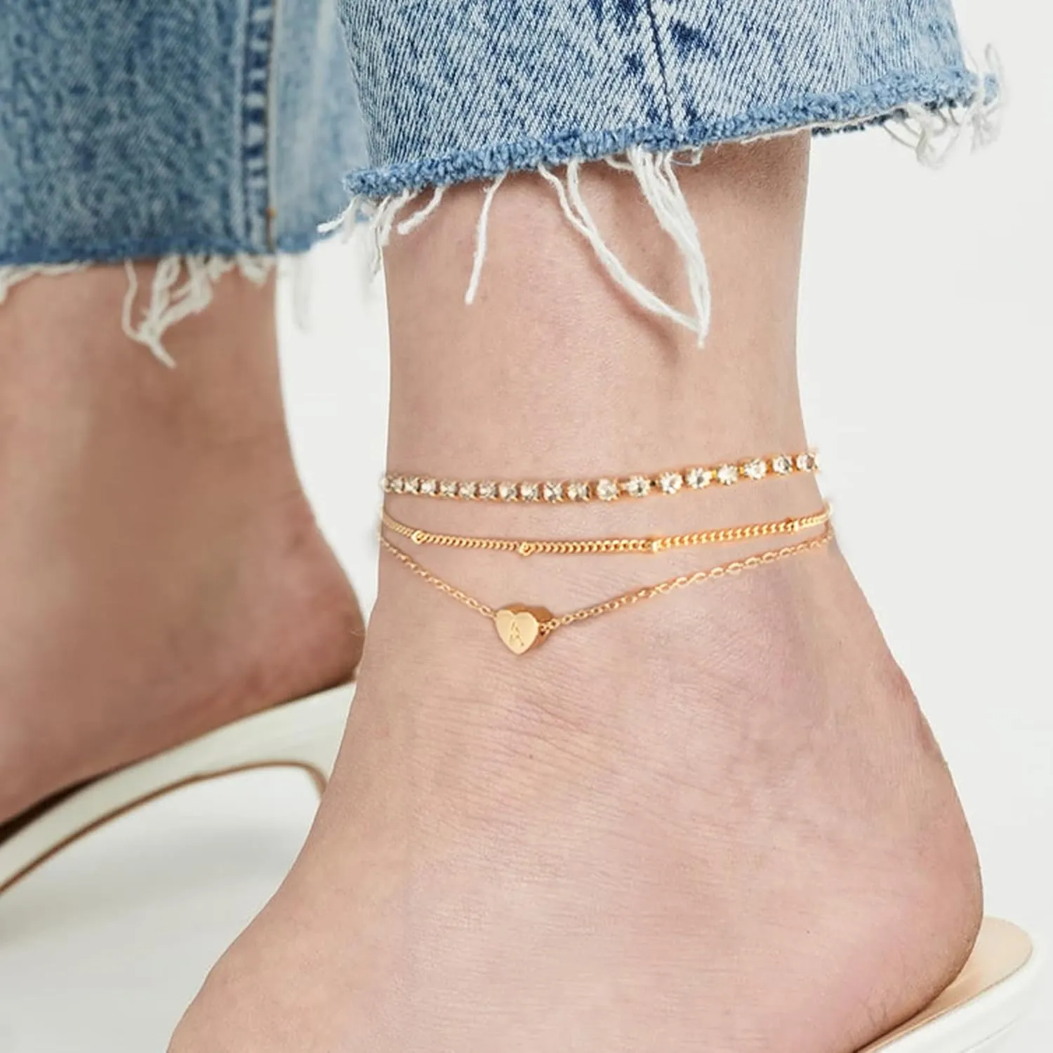 Yanoda Initial Ankle Bracelets for Women, 14K Gold Plated Waterproof Dainty Layered Heart Letter Initial Anklets Personalized Gifts