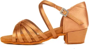 YKXLM Silk Fabric Brown Latin Dance Shoes for Girls Latin Ballroom Dance Shoes Girls with Diamond Buckle,Model US-TL-LP1202-ZSZK, 5 M Little Kid