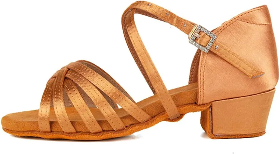 YKXLM Silk Fabric Brown Latin Dance Shoes for Girls Latin Ballroom Dance Shoes Girls with Diamond Buckle,Model US-TL-LP1202-ZSZK, 5 M Little Kid