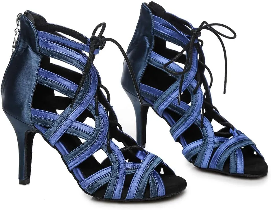 YKXLM Women Latin Dance Shoes Satin Stiletto Heel Open Toe Ballroom Salsa Performance Dance Shoes Model YCL427