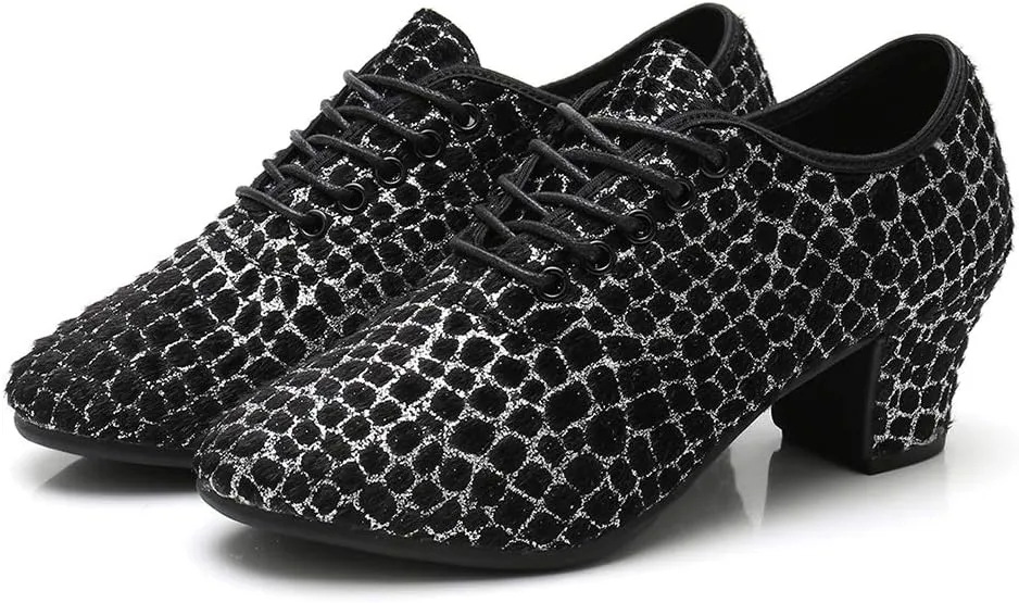 YKXLM Women's Professional Lace-up Fabric Latin Salsa Tango Ballroom Practice Dance Shoes,Model MFFMM