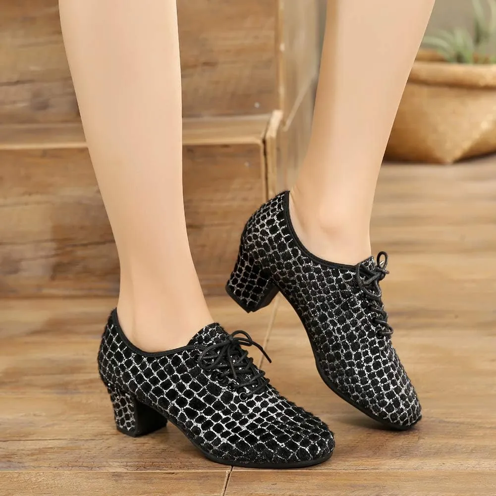 YKXLM Women's Professional Lace-up Fabric Latin Salsa Tango Ballroom Practice Dance Shoes,Model MFFMM