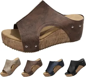 YOLAI Women's Solid Color Sandals Comfortable Arch Support Slides Breathable Summer Orthotic Leather Platform Wedge Sandals Slip on Women All Day Walking Casual Sandal