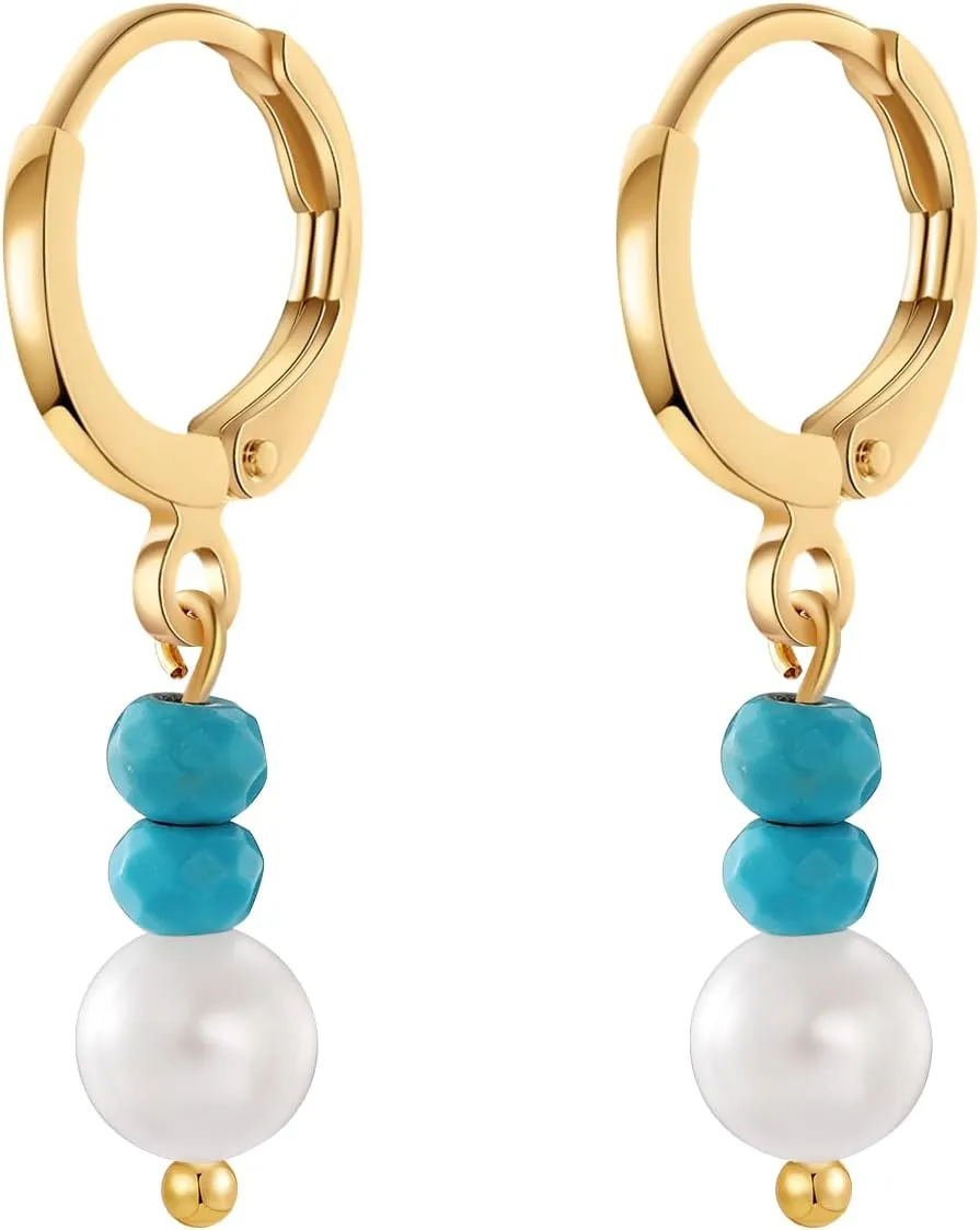 Yumikoo 18k Gold Plated Earrings Copper Dangle Stud Earrings for Women Pearl Turquoise Drop Earrings